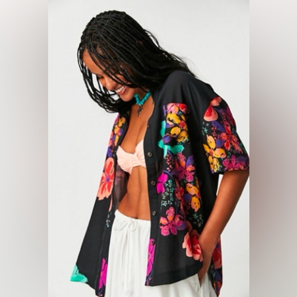 Free People We the Free Share Good Vibes Button-Down Shirt in black combo size S - Picture 1 of 13